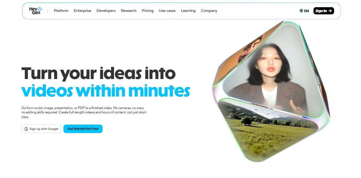 [Image: A woman speaking in front of a cube-shaped graphic with images inside, with the text "Turn your ideas into videos within minutes.