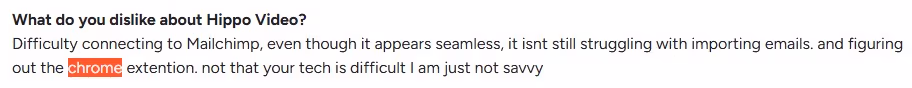 A user review of Hippo Video mentioning difficulty connecting to Mailchimp and the Chrome extension.
