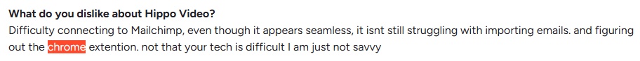A user review of Hippo Video mentioning difficulty connecting to Mailchimp and the Chrome extension.