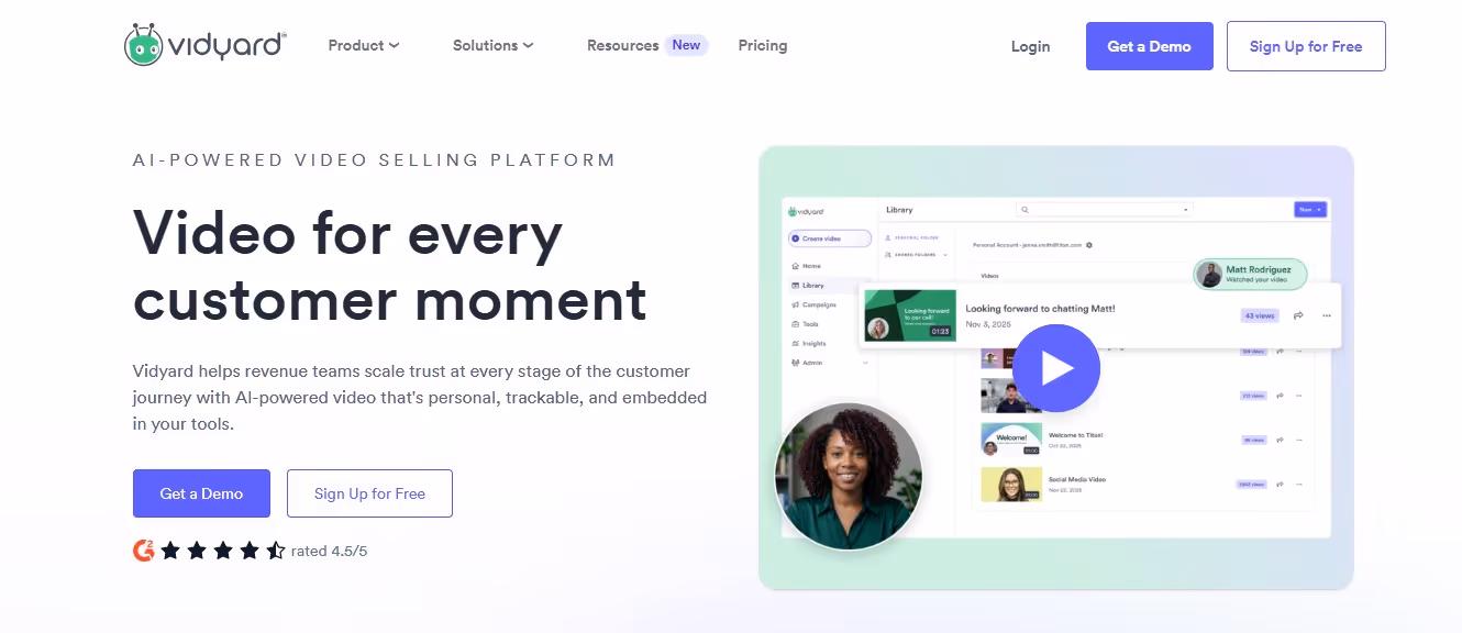  Vidyard AI-Powered Video Selling Platform homepage with the headline Video for every customer moment.