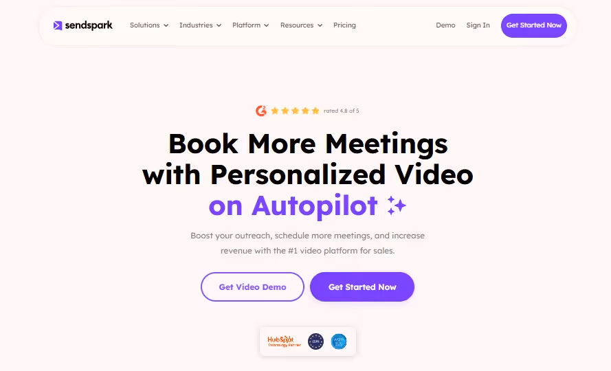Sendspark logo and homepage screenshot with headline "Book More Meetings with Personalized Video on Autopilot".