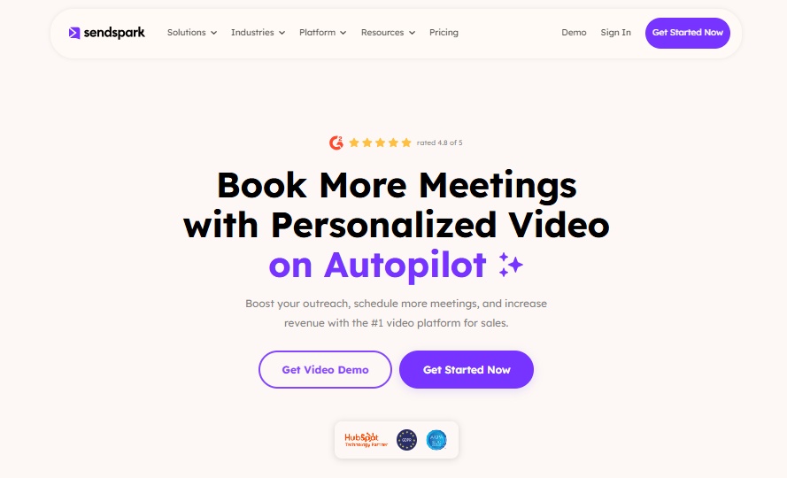 Sendspark logo and homepage screenshot with headline "Book More Meetings with Personalized Video on Autopilot".