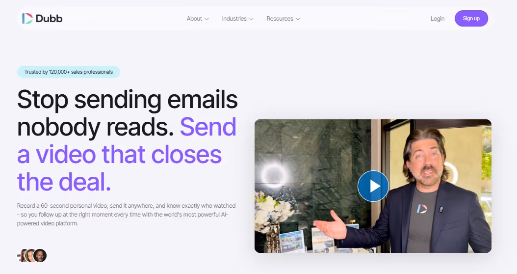 Dubb logo and homepage screenshot with headline "Stop sending emails nobody reads. Send a video that closes the deal.