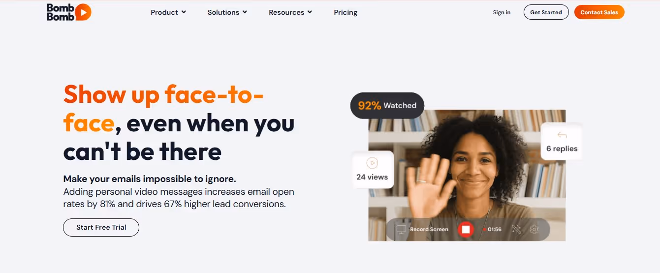 BombBomb logo and homepage screenshot with headline "Show up face-to-face, even when you can't be there