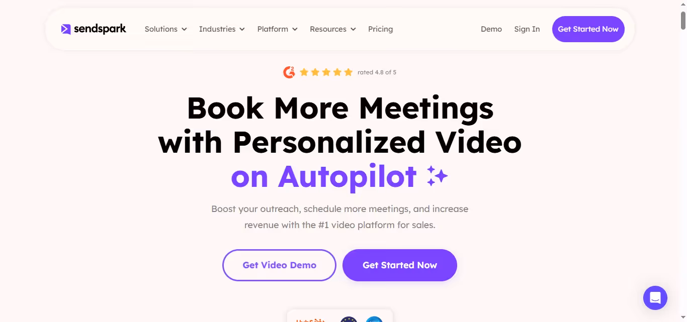 Sendspark landing page with the headline Book More Meetings with Personalized Video on Autopilot.