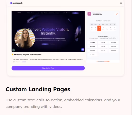 A woman waves hello at the camera in front of a screen that says "Convert Website Visitors. Instantly."