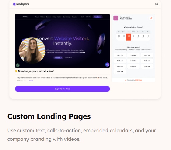 A woman waves hello at the camera in front of a screen that says "Convert Website Visitors. Instantly."