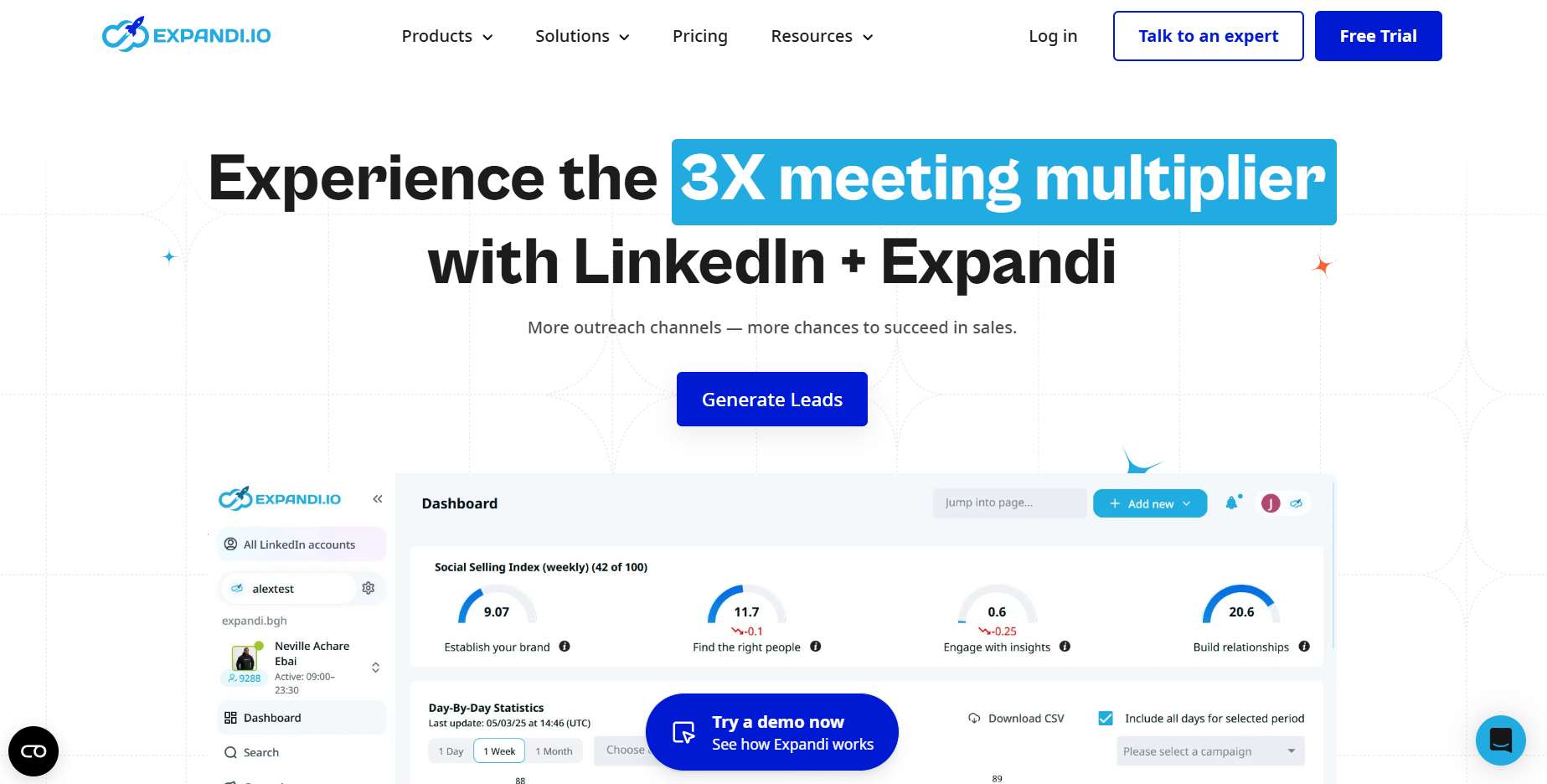 Expandi homepage showcasing its features and benefits.