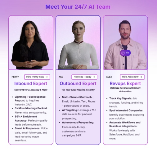 Three AI agents: Perry (Inbound Expert), Nia (Outbound Expert), and Alex (RevOps Expert).