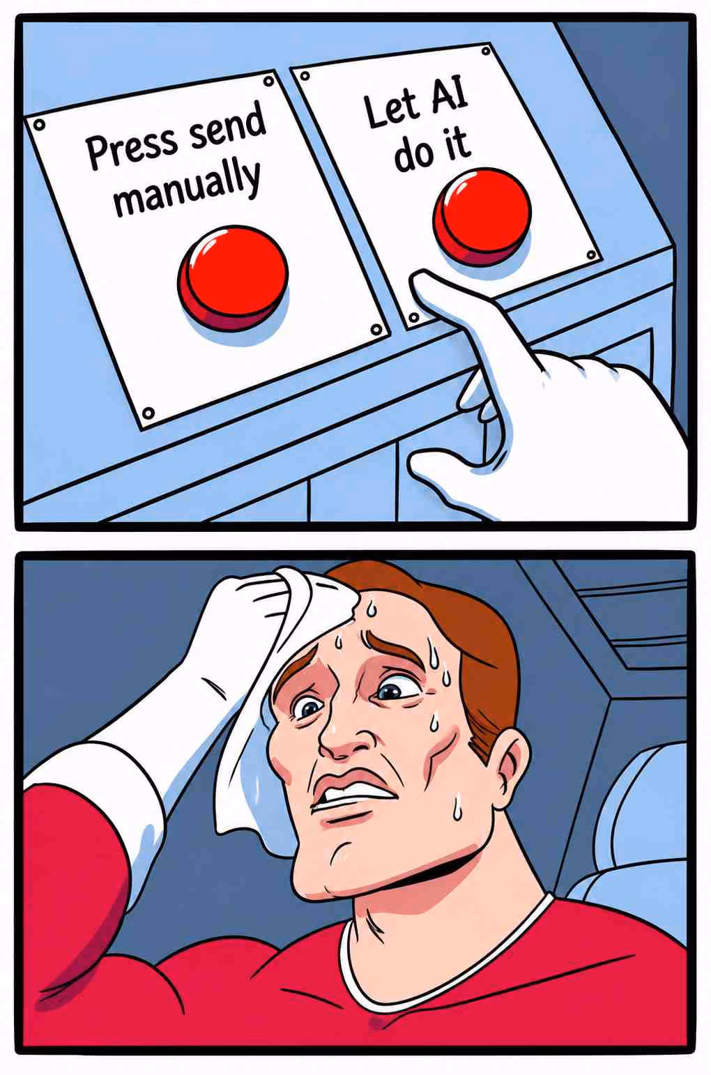 A meme showing a person sweating profusely, trying to decide between pressing a button labeled "Press send manually" or "Let AI do it."