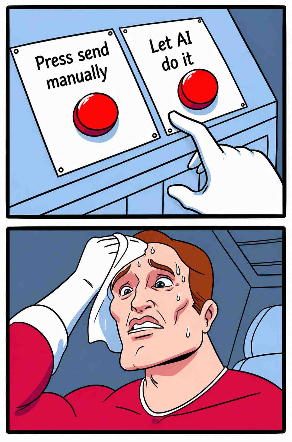 A meme showing a person sweating profusely, trying to decide between pressing a button labeled "Press send manually" or "Let AI do it."