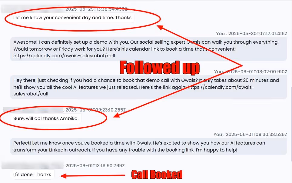 A series of screenshots showing a conversation flow: setting up a demo, following up, and booking a call. 