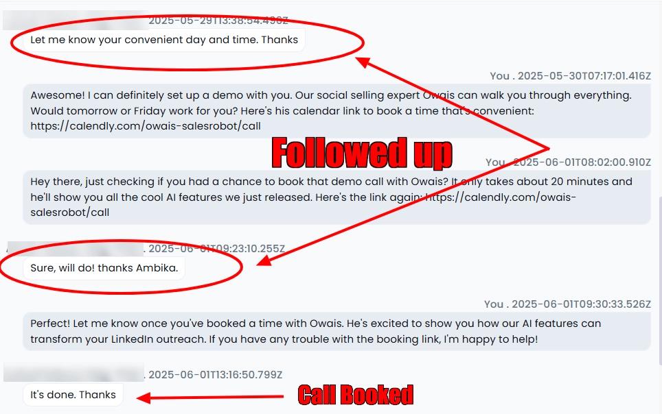 A series of screenshots showing a conversation flow: setting up a demo, following up, and booking a call. 