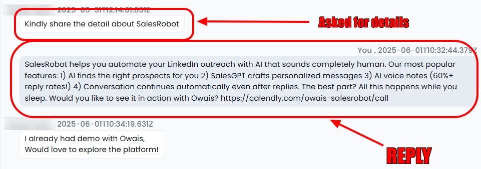 A conversation thread where a user asks for details about SalesRobot, and the AI provides a detailed explanation and a booking link