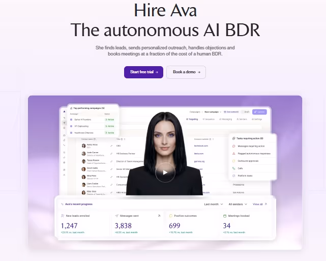 The SalesRobot website introduces Ava, an autonomous AI BDR, highlighting her features and benefits.