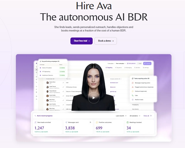The SalesRobot website introduces Ava, an autonomous AI BDR, highlighting her features and benefits.