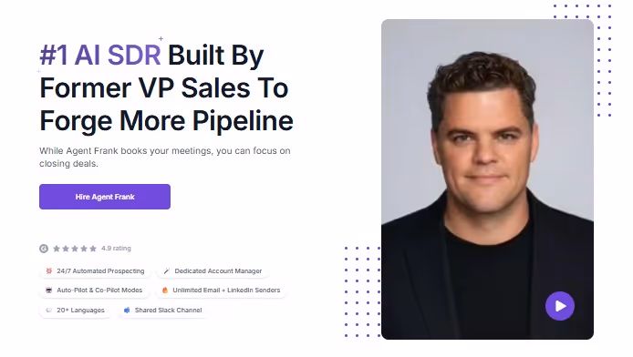 A man's headshot next to text that says #1 AI SDR Built By Former VP Sales To Forge More Pipeline