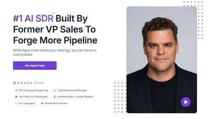 A man's headshot next to text that says #1 AI SDR Built By Former VP Sales To Forge More Pipeline