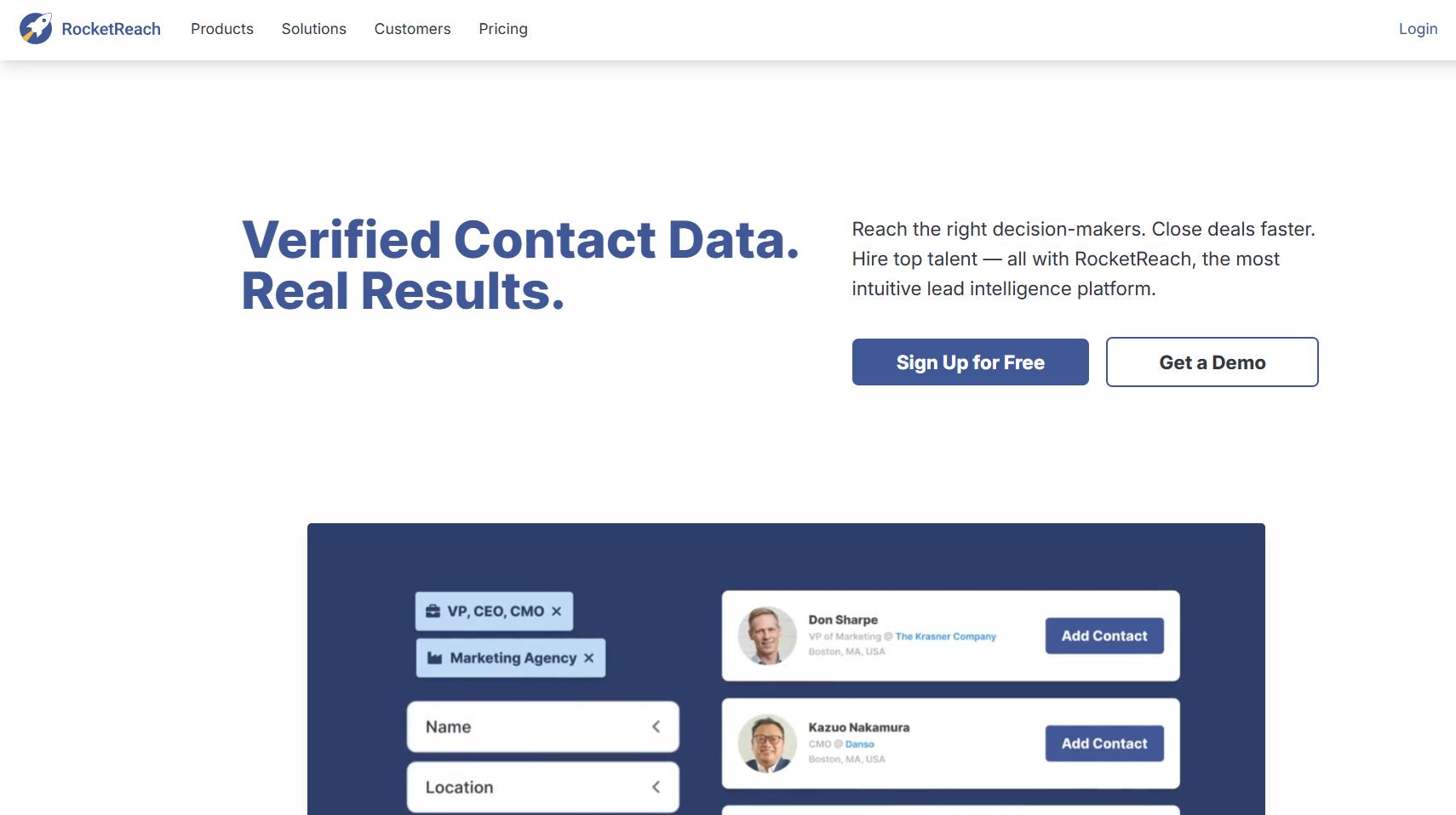 RocketReach homepage displaying "Verified Contact Data. Real Results."