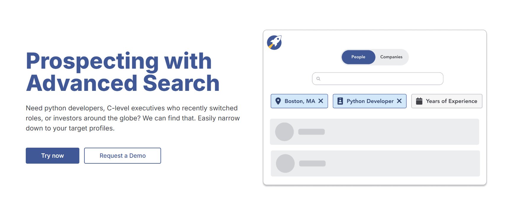 RocketReach 'Prospecting with Advanced Search' page.