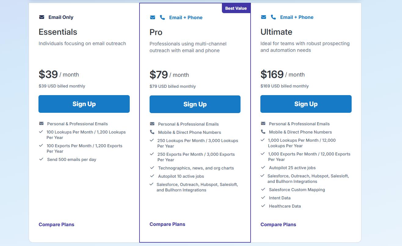 Three pricing plans for RocketReach: Essentials, Pro, and Ultimate.