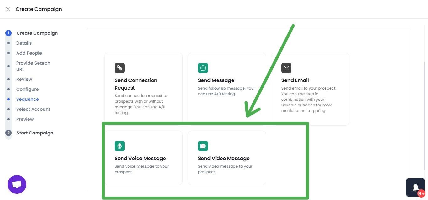 User interface for creating a campaign in SalesRobot, with options for sending connection requests, messages, emails, voice messages, and video messages.
