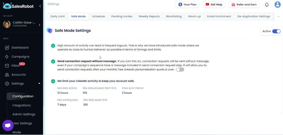 Safe Mode Settings page in SalesRobot, showing options for limiting LinkedIn activity to keep the account safe