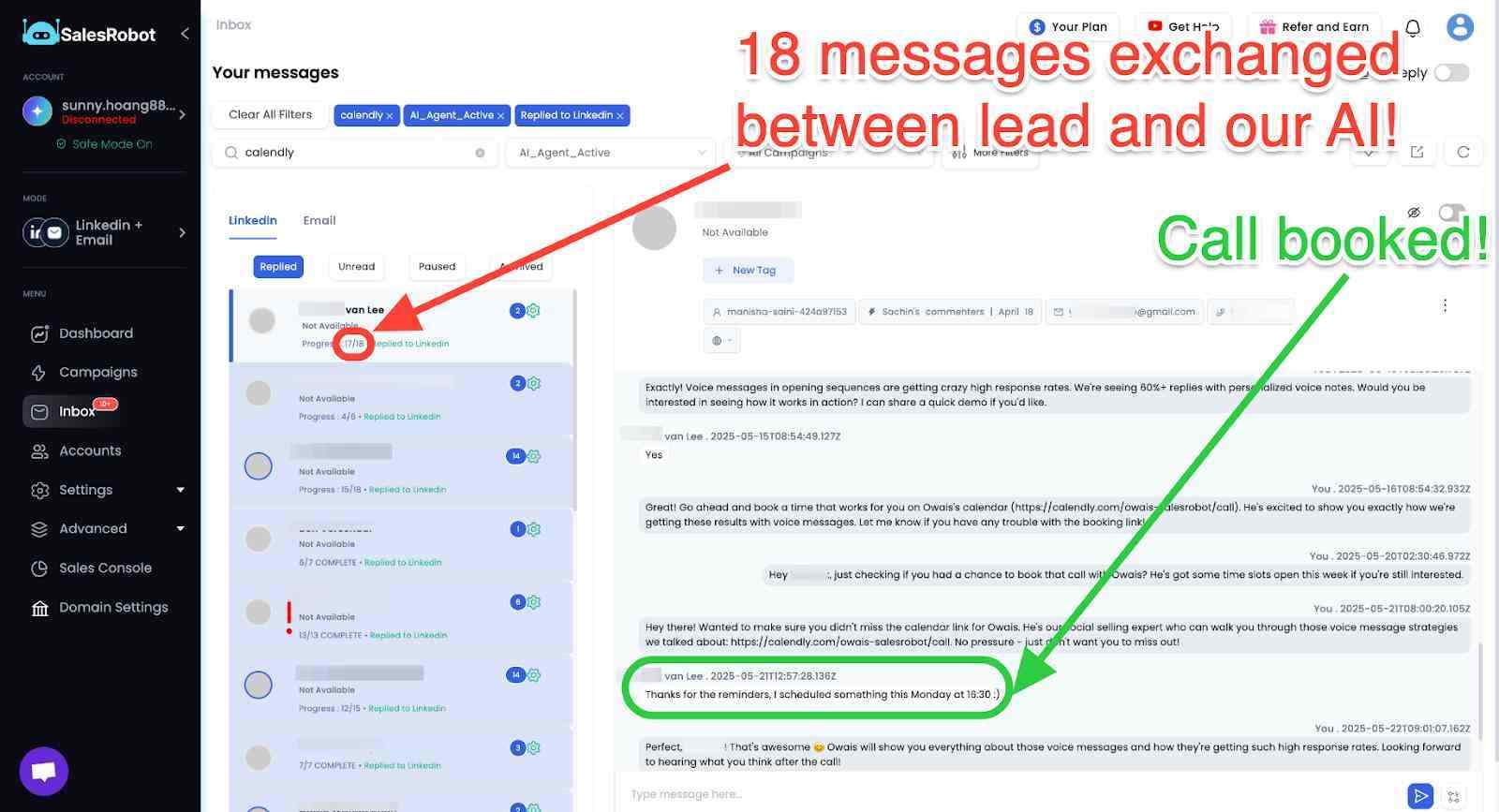 SalesRobot inbox showing messages exchanged between a lead and the AI, with a "Call booked!" confirmation