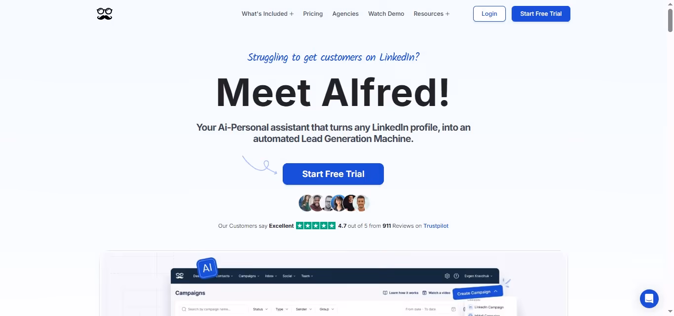 Alfred homepage with headline Meet Alfred! Your AI-Personal assistant that turns any LinkedIn profile, into an automated Lead Generation Machine.