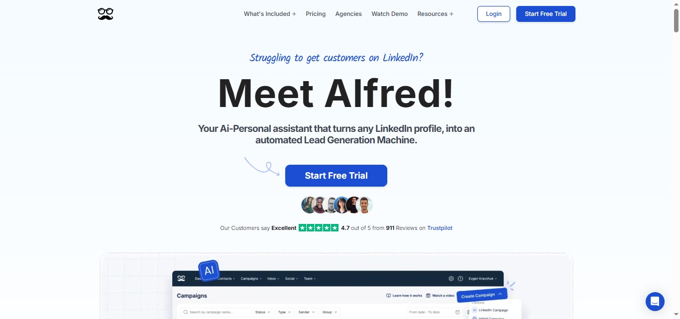 Alfred homepage with headline Meet Alfred! Your AI-Personal assistant that turns any LinkedIn profile, into an automated Lead Generation Machine.