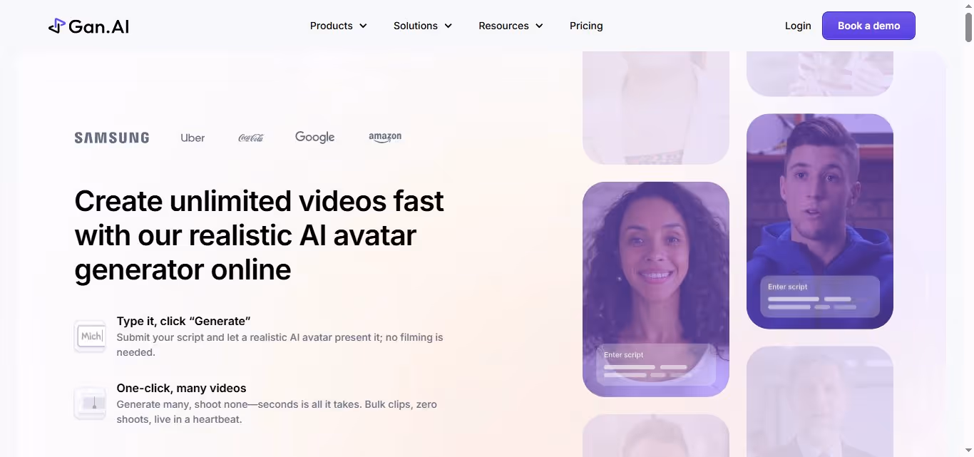 A man and two women looking at the camera, with text "Create unlimited videos fast with our realistic AI avatar generator online
