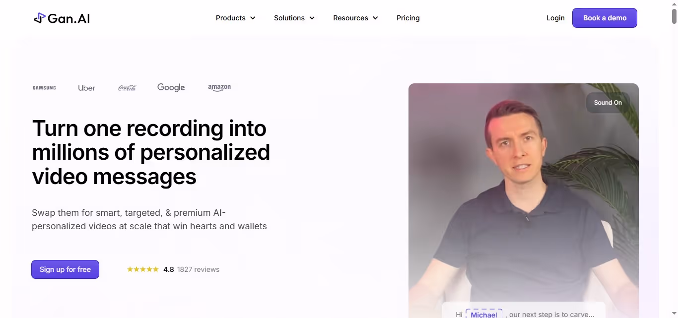 A man talking to the camera, with text "Turn one recording into millions of personalized video messages"