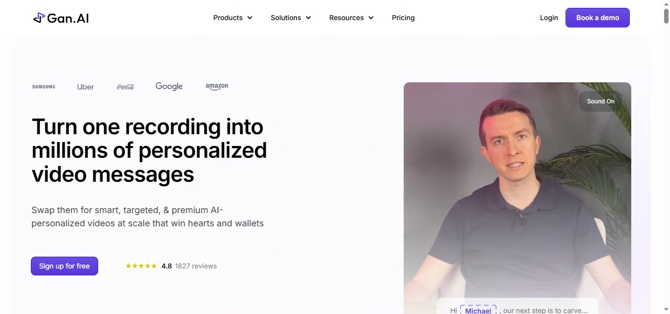 A man talking to the camera, with text "Turn one recording into millions of personalized video messages"
