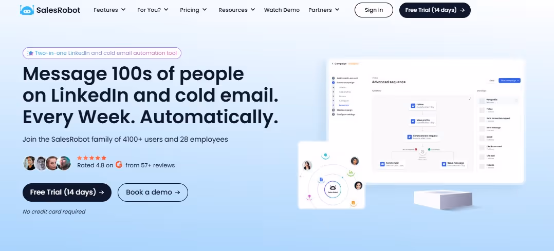 SalesRobot platform interface with a headline about messaging 100s of people on LinkedIn and cold email.