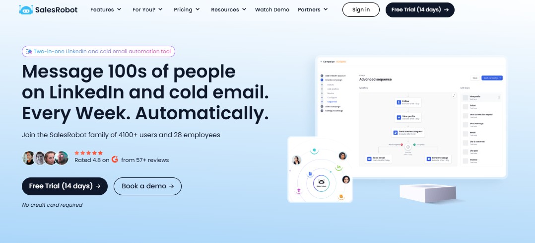 SalesRobot platform interface with a headline about messaging 100s of people on LinkedIn and cold email.