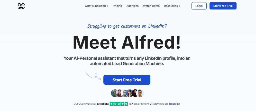 A friendly cartoon character with glasses and a mustache, named Alfred, is presented as an AI-Personal assistant for LinkedIn lead generation