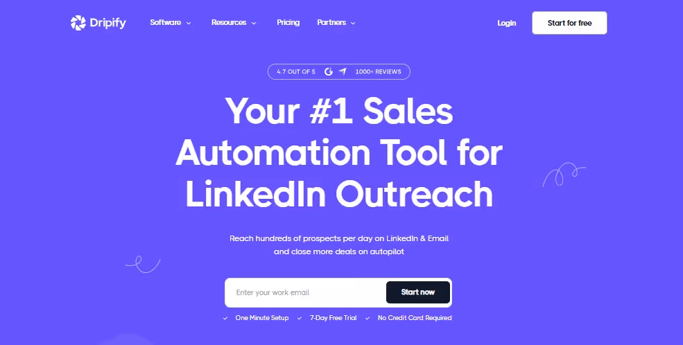 A vibrant purple screen displays the headline 'Your #1 Sales Automation Tool for LinkedIn Outreach' with fields to enter an email address and start now. 