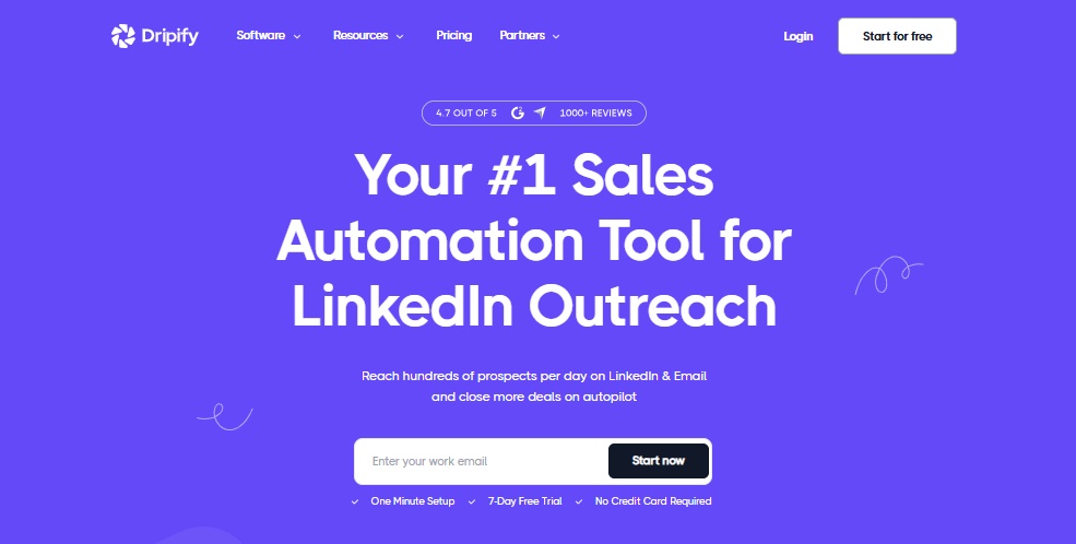 A vibrant purple screen displays the headline 'Your #1 Sales Automation Tool for LinkedIn Outreach' with fields to enter an email address and start now.