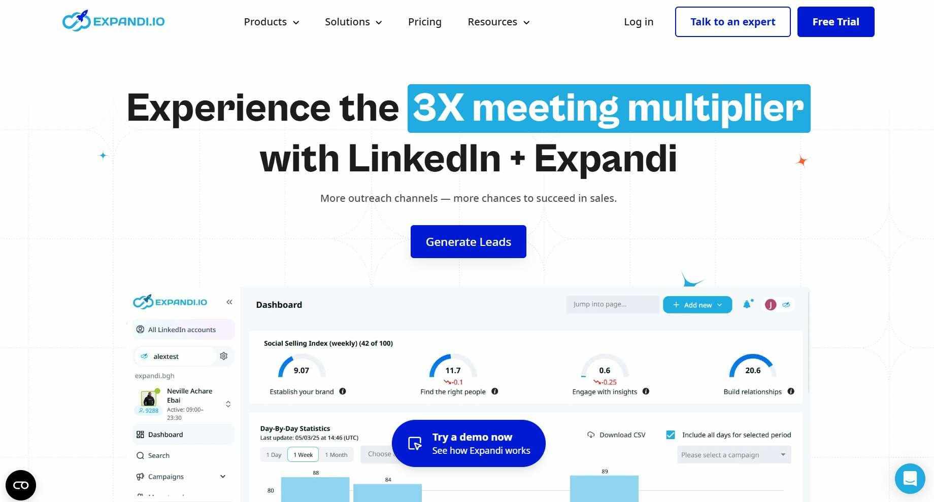 [Image: Expandi.io homepage with headline 'Experience the 3X meeting multiplier with LinkedIn + Expandi'. — upload failed]