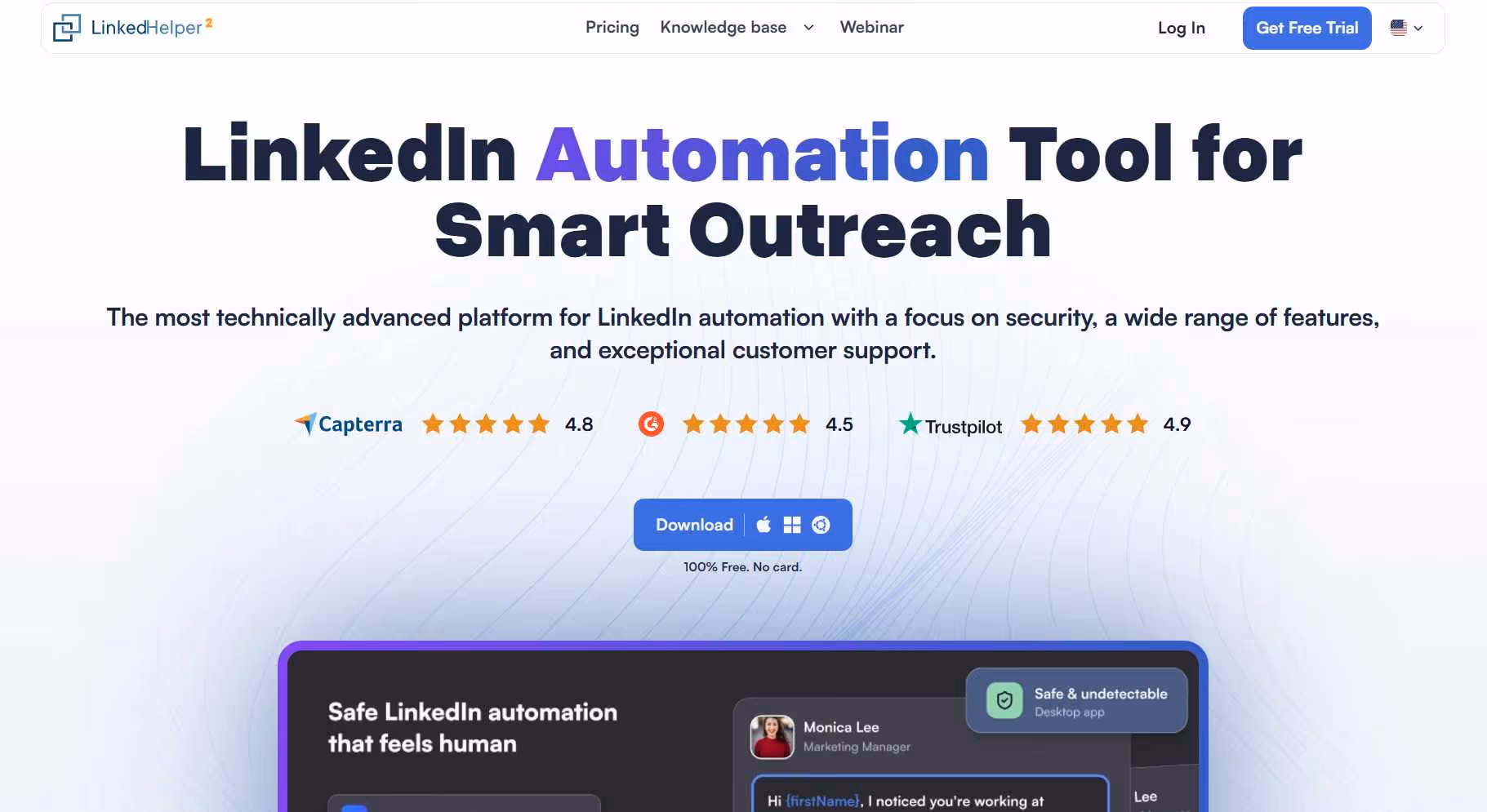 LinkedHelper homepage with headline "LinkedIn Automation Tool for Smart Outreach" and download button