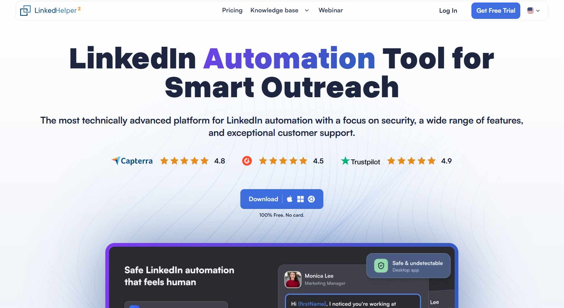 LinkedHelper homepage with headline "LinkedIn Automation Tool for Smart Outreach" and download button