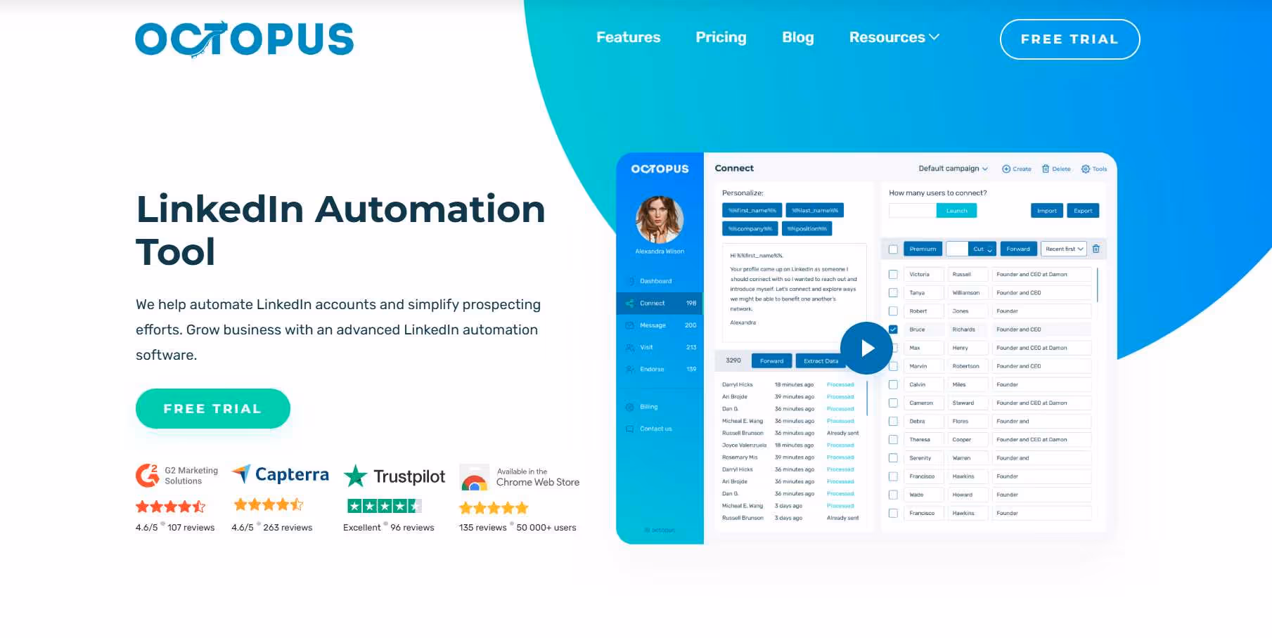 Octopus homepage with headline "LinkedIn Automation Tool" and a demonstration of the connect feature. 