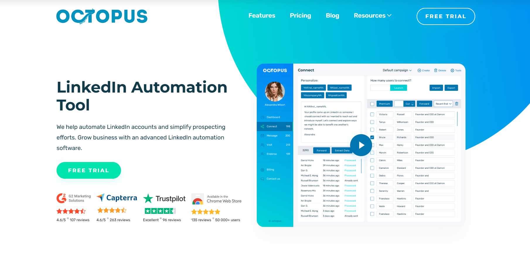 Octopus homepage with headline "LinkedIn Automation Tool" and a demonstration of the connect feature. 