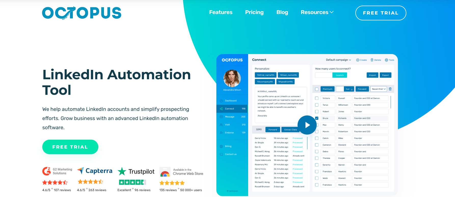 Octopus homepage with headline LinkedIn Automation Tool.