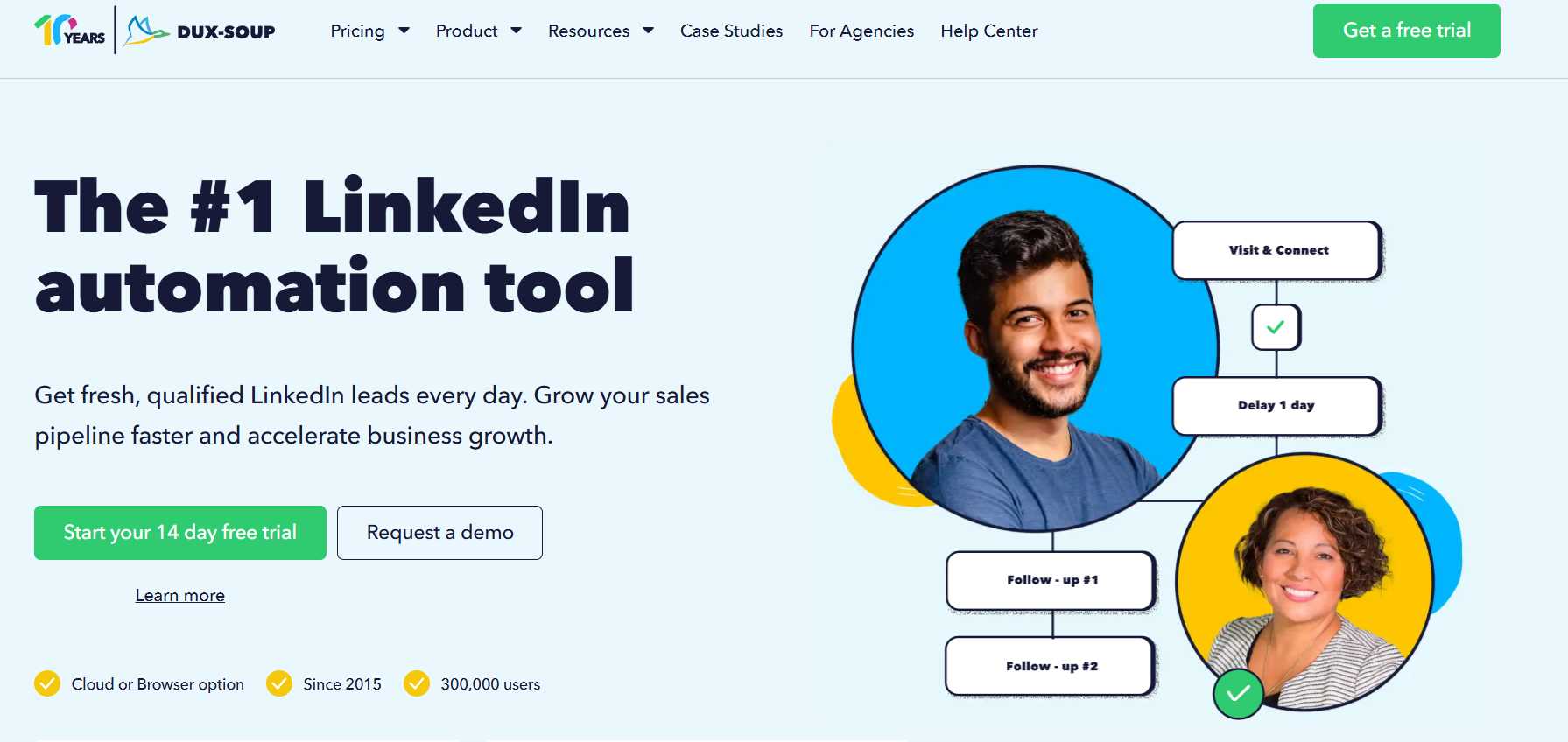 Dux-Soup homepage with headline The #1 LinkedIn automation tool.