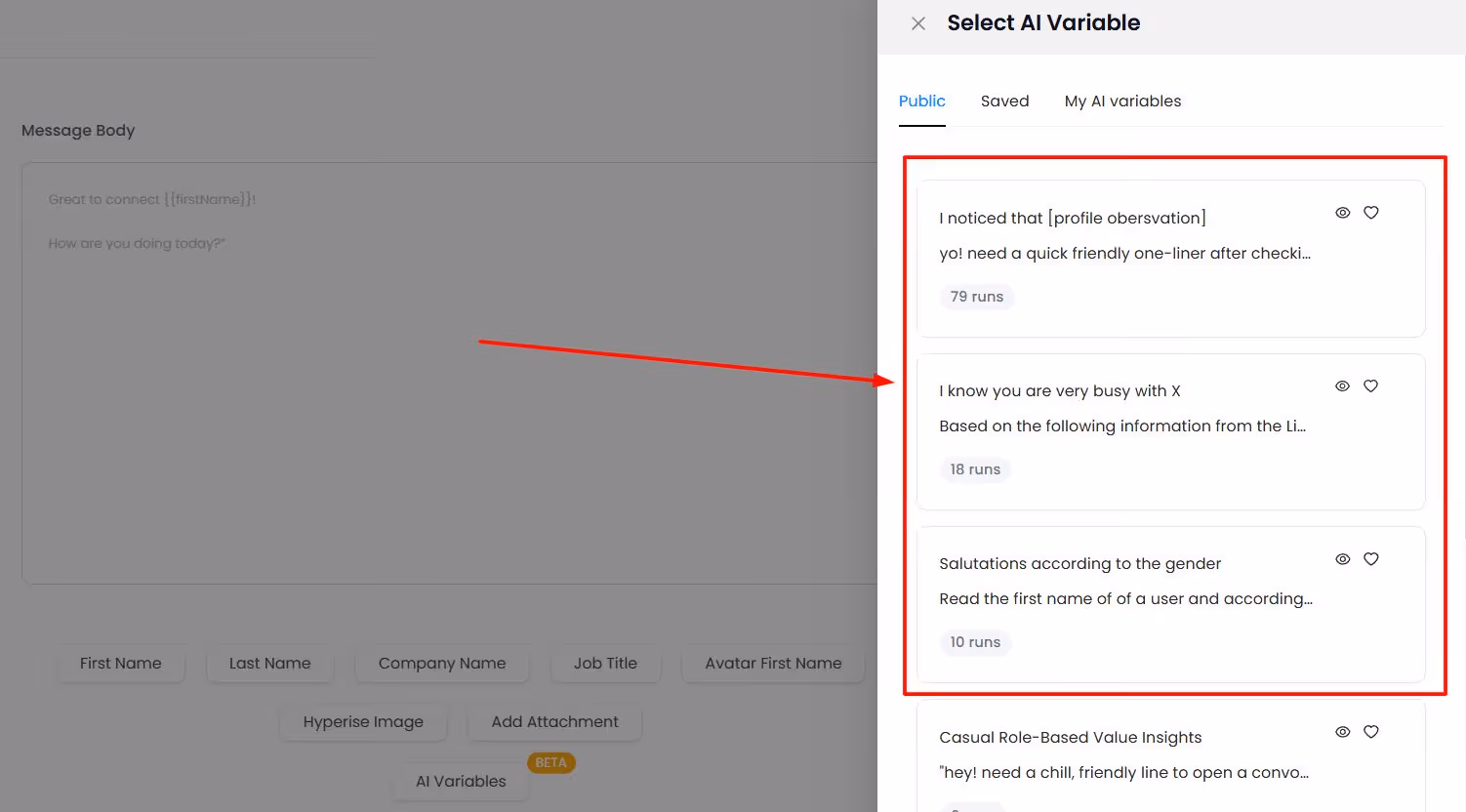  AI variables to select from, including "I noticed that [profile observation]" and "I know you are very busy with X