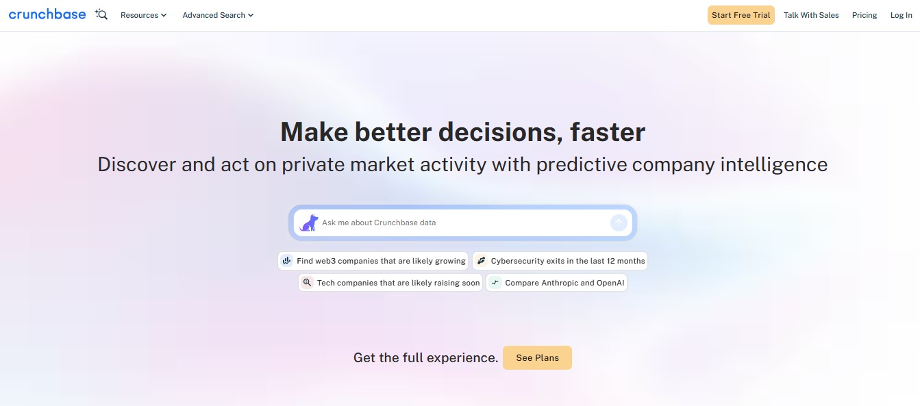 Crunchbase homepage with tagline Make better decisions, faster