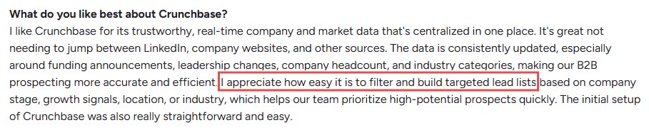 User testimonial highlighting Crunchbase's trustworthy data and ease of filtering for targeted leads