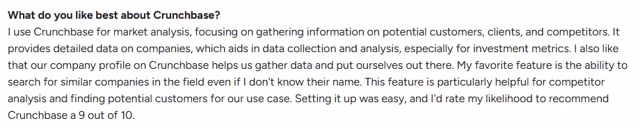 User testimonial appreciating Crunchbase for market analysis and competitor research, rating it 9/10