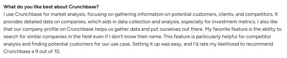User testimonial appreciating Crunchbase for market analysis and competitor research, rating it 9/10